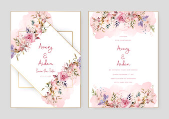 Pink rose wedding invitation card template with flower and floral watercolor texture vector
