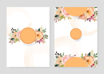 Orange poppy elegant wedding invitation card template with watercolor floral and leaves