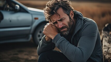 Man with a thoughtful expression near broken down car outdoors - obrazy, fototapety, plakaty