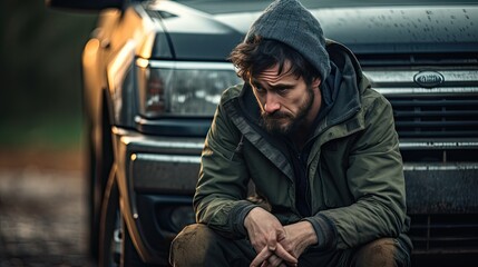 Man with a thoughtful expression near broken down car outdoors