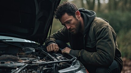Man with a thoughtful expression near broken down car outdoors