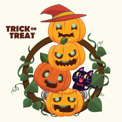 Vintage Halloween poster design with vector cat and jack o lantern character. 