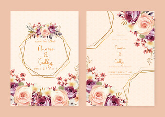 Red and beige rose floral wedding invitation card template set with flowers frame decoration