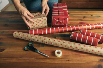 Scissors, tape and wrapping paper for gift wrapping