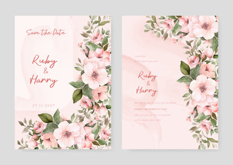 Pink sakura beautiful wedding invitation card template set with flowers and floral