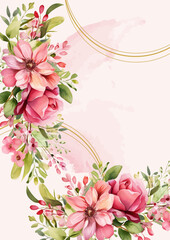 Pink watercolor hand painted background template for Invitation with flora and flower