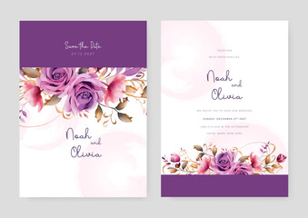 Purple violet and pink rose and poppy luxury wedding invitation with golden line art flower and botanical leaves, shapes, watercolor