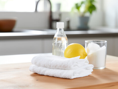 Baking soda, white vinegar, towels and lemon on kitchen counter top. Ingredients for cleaning