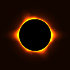 Sun full eclipse concept. Red yellow solar glow background. Moon or planet total eclipse in dark space. Hot star surface flare with rays and beams effects. Vector illustration