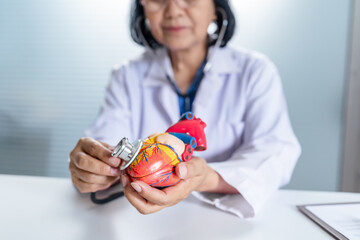 Cardiologist supports the heart senior asian woman doctor wearing glasses and uniform. portrait of mature old asian woman medic professional