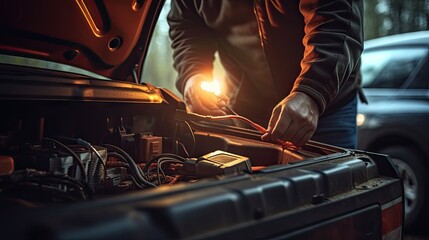 Close-up of a car mechanic using an ammeter to check a car battery in front of the engine bay. Natural light telephoto lens