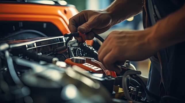 Fototapeta Close-up of a car mechanic using an ammeter to check a car battery in front of the engine bay. Natural light telephoto lens