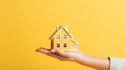 Fototapeta na wymiar womans hand holding house model on yellow background