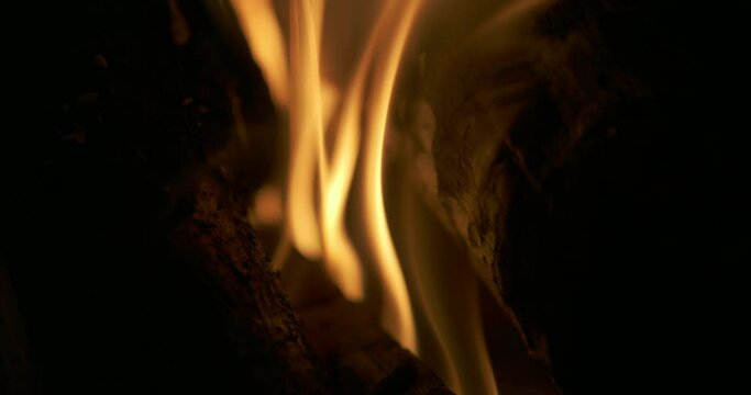 Closeup of fire. Filmed in superslow motion 800fps. The footage was taken of a bonfire. Shows particles and flames in 4k.