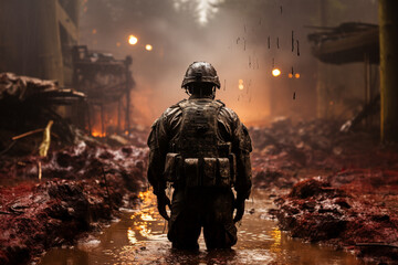 A Soldier walking on ruined warzone