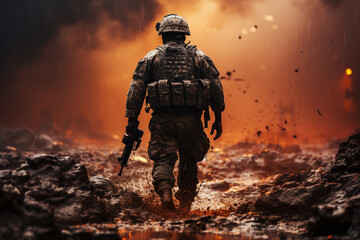 A Soldier walking on ruined warzone - obrazy, fototapety, plakaty