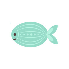 Hand drawn Green Fish on white background. Sea animal. Ocean vibes. Element of sea life in doodle cartoon. Vector illustration