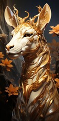 a majestic giraffe with golden antlers and flowers in its antlers, standing in a lush green forest.
