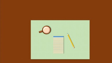 Flat-lay illustration of cup, pencil and legal pad on green desk pad on top of clean desk.