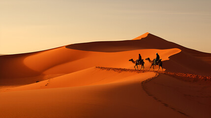 Two people riding camels across the desert during golden hour