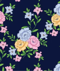 Gordijnen Vintage Bloemen all over vector flowers pattern on navy background  © Chandni Patel