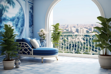 Obraz na płótnie Canvas Modern classic living room ,There are white and blue wallpaper ,furnished with blue furniture.
