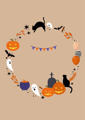 Halloween illustration with jack o lanterns and ghosts.