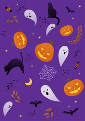 Halloween pattern illustration on a purple background.