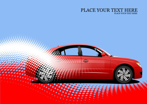 Red sedan car on dotted background. Vector Colored 3d illustration