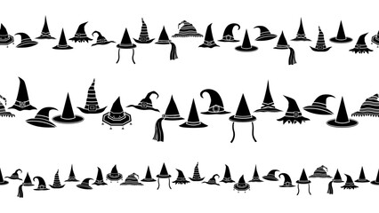 Halloween witch hats fancy silhouette seamless border vector pattern. holiday symbol set isolated element design