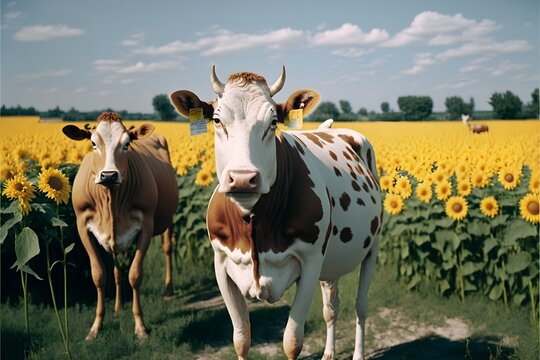 photo of cows realistic animals vogue full body profilesunflowers farm farmhouse bright image photorealistic 8k 3k 1080p minolta SLR camera kodak kodachrome film 