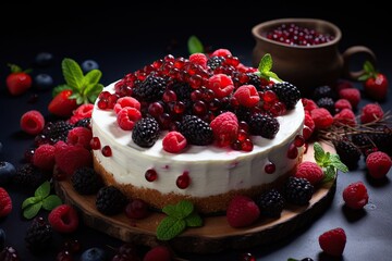 Imagine a gourmet dessert showcasing a luscious cheesecake adorned with an array of fresh berries, including strawberries, raspberries, blackberries, and blueberries, elegantly garnished with mint lea - obrazy, fototapety, plakaty