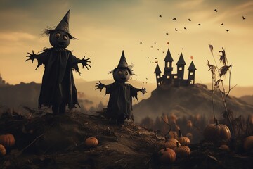 Halloween concept. Cute little children in costumes of skeleton and witch in the field - obrazy, fototapety, plakaty