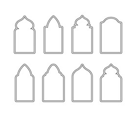 Islamic windows in oriental style. Set of line arabic arches and doors. Contour of mosque. Minimalistic vector illustration.