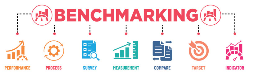 Benchmarking banner infographic colours with solid icons set. Performance, process, survey, measurement, compare, target and indicator. Vector illustrator - obrazy, fototapety, plakaty