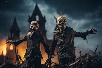 Naklejka premium Halloween concept. Cute little children in costumes of skeleton and witch in the field