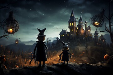Halloween concept. Cute little children in costumes of skeleton and witch in the field - obrazy, fototapety, plakaty