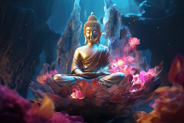 Glowing golden Buddha meditates on a lotus flower