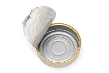 Opened Empty Tin Can Isolated on White Background. Clean Used Aluminum Can - Isolation. Non-Degradable Inorganic Waste