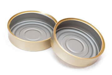 Two Opened Empty Tin Cans Isolated on White Background. Clean Used Aluminum Cans - Isolation. Non-Degradable Inorganic Waste