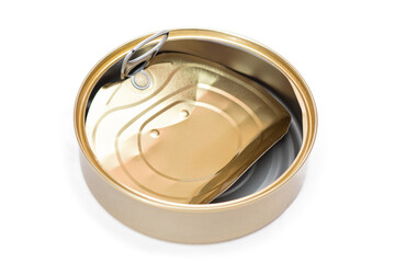 Opened Empty Tin Can With Broken Cover Isolated on White Background. Clean Used Aluminum Can - Isolation. Non-Degradable Inorganic Waste