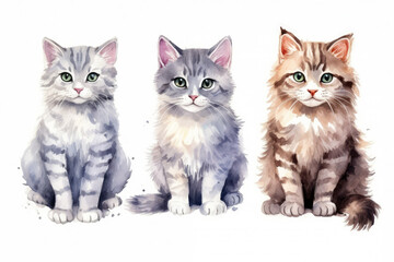 set cats of different breeds in watercolor style