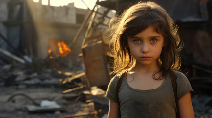 Fototapeta na wymiar Portrait of a little girl against the backdrop of a bombed city