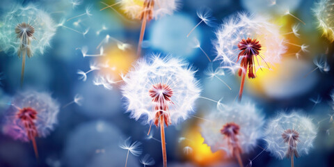 Colorful background of dandelions in close-up - obrazy, fototapety, plakaty