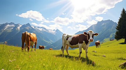 A cow on a green meadow against the background of mountains