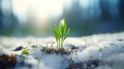 A snowdrop sprouting from the ground and snow, illuminated by sunshine