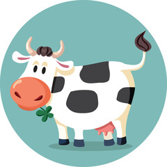 Funny Cow Chewing a Lucky Clover Vector Cartoon Character. Joyful domestic animal being cheerful and happy
