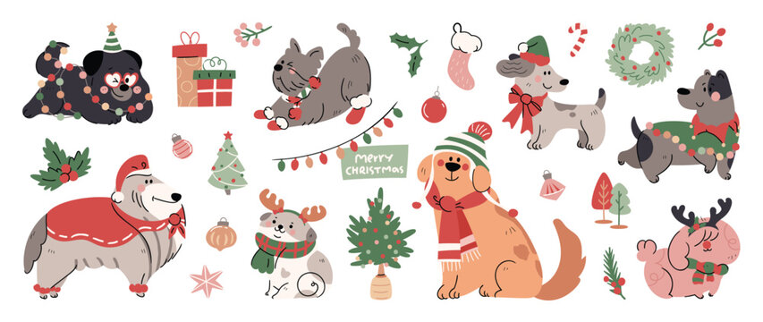 Merry christmas and happy new year concept background vector. Collection drawing of cute dogs with decorative scarf, ribbon, hat. Design suitable for banner, invitation, card, greeting, banner, cover.