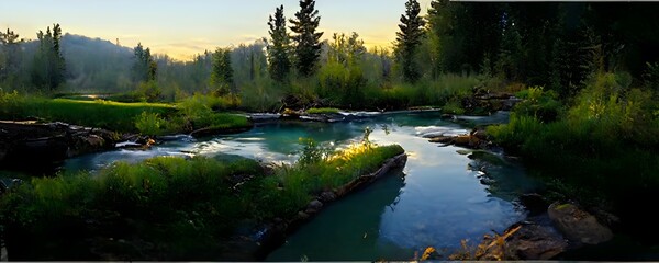 Quiet fishing stream in Montana low angle POV evening perfect deepwater pool environment cool air lush underbrush overhangs the water peaceful evening light high quality 4k  - obrazy, fototapety, plakaty