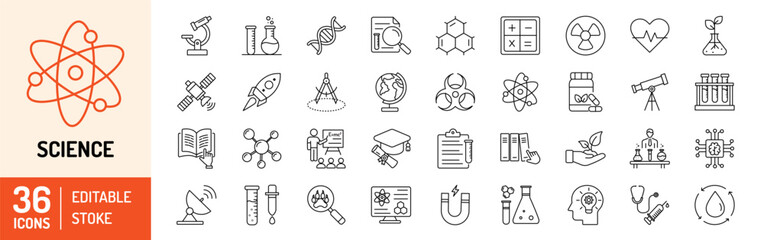 Science editable stroke outline icons set. Laboratory, research, scientist, physics, chemistry, biology, experiment and telescope. Vector Illustration. - obrazy, fototapety, plakaty